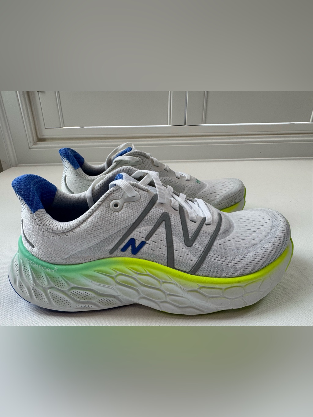 New Balance Fresh Foam X More V4 Running Shoes White Neon Yellow Blue Women’s